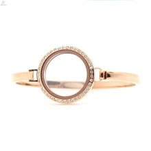 Fashion stainless steel crystal rose gold 30mm 7"-8" floating screw glass charm womens locket bangle bracelet